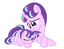 Size: 725x555 | Tagged: safe, artist:paking pie, character:starlight glimmer, parent:starlight glimmer, species:pony, species:unicorn, episode:the cutie re-mark, adopted offspring, cute, double the glimmer, eyes closed, female, filly, filly starlight glimmer, glimmerbetes, glimmerdoption, looking down, lying down, mama starlight, mare, ponidox, self ponidox, simple background, sleeping, vector, white background, younger