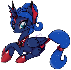 Size: 1024x1010 | Tagged: safe, artist:spooky-kitteh, character:princess luna, clothing, crossed arms, evil luna, female, looking at you, prone, red, shoes, signature, solo, tail wrap