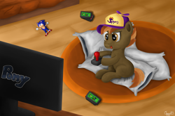 Size: 1200x800 | Tagged: safe, artist:oggynka, character:button mash, character:sonic the hedgehog, species:pony, cap, clothing, crossover, hat, pillow, sitting, sitting on pillow, sonic the hedgehog (series), sony, spyro the dragon, super mario bros., super mario bros. 2, television