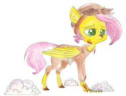 Size: 1393x1064 | Tagged: safe, artist:raiwee, character:fluttershy, episode:the cutie re-mark, alternate hairstyle, alternate timeline, clothing, crystal war timeline, dirty, female, headscarf, overalls, sad, scarf, scissors, shears, simple background, solo, standing, tired, traditional art, wool