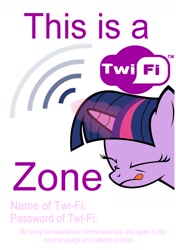 Size: 1032x1464 | Tagged: safe, artist:datbrass, artist:lightningdasher, character:twilight sparkle, blep, eyes closed, female, frown, glowing horn, magic, magical unicorn access point, name pun, nose wrinkle, print, printable, pun, simple background, solo, tongue out, twi-fi, white background, wi-fi