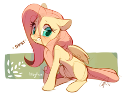 Size: 669x524 | Tagged: safe, artist:lillayfran, character:fluttershy, species:pegasus, species:pony, adorkable, belly, blushing, cute, doodle, dork, female, floppy ears, grin, horse noises, horses doing horse things, looking at you, mare, nervous, pastel, shyabetes, signature, sitting, smiling, snorting, solo, teeth