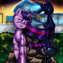 Size: 3508x3508 | Tagged: safe, artist:noideasfornicknames, character:nightmare moon, character:princess luna, character:twilight sparkle, character:twilight sparkle (unicorn), oc, oc:nyx, parent:twilight sparkle, species:alicorn, species:pony, species:unicorn, fanfic:past sins, alicorn oc, cursed image, fanfic art, high res, nightmare nyx, open mouth, ponyville elementary, smiling, spread wings, stylistic suck, two sides, wings