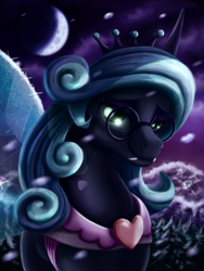Size: 1536x2048 | Tagged: safe, artist:skodadav, character:queen chrysalis, bedroom eyes, female, glasses, mirror universe, reversalis, smiling, solo