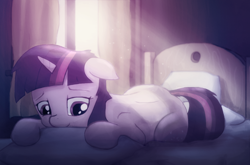 Size: 1538x1014 | Tagged: safe, artist:gign-3208, character:twilight sparkle, bed, crepuscular rays, dust motes, female, prone, solo