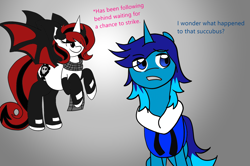 Size: 1200x799 | Tagged: safe, artist:solratic, oc, oc only, oc:light shine, oc:lilith, species:pony, species:unicorn, clothing, colored, female, jacket, lilight, male, mare, stallion, stockings, succubus, succupony, wings