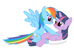 Size: 1450x1025 | Tagged: safe, artist:oceanbreezebrony, character:rainbow dash, character:twilight sparkle, species:pegasus, species:pony, species:unicorn, ship:twidash, blushing, eye contact, female, lesbian, looking at each other, love, mare, on back, shipping, simple background, transparent background