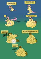 Size: 2330x3320 | Tagged: safe, artist:monterrang, character:fluttershy, oc, oc:wimpy butter, bhm, character to character, engrish, fat, female to male, hungry, obese, pony to pony, rule 63, stomach growl, stomach noise, transformation, transgender transformation, weight gain, weight gain sequence