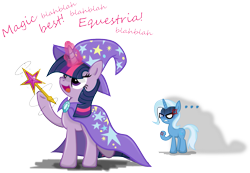 Size: 1485x1027 | Tagged: safe, artist:archonitianicsmasher, character:trixie, character:twilight sparkle, character:twilight sparkle (unicorn), species:pony, species:unicorn, angry, cape, clothing, duo, hat, imitation, the great and powerful twilight, trixie's cape, trixie's hat, wand