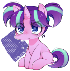 Size: 902x917 | Tagged: safe, artist:katuhira_rinmi, character:starlight glimmer, species:pony, species:unicorn, crying, cute, female, filly, filly starlight glimmer, glimmerbetes, pigtails, simple background, solo, what have you done?!, white background, woobie, younger