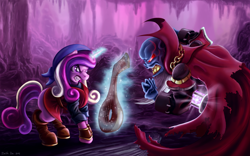 Size: 2000x1250 | Tagged: safe, artist:skodadav, character:princess cadance, cadence (crypt of the necrodancer), caves, colored, conflict, crossover, crypt of the necrodancer, digital art, female, glowing horn, gritted teeth, horn, levitation, magic, male, pun, telekinesis