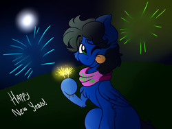Size: 1400x1050 | Tagged: safe, artist:kittensneezikuns, oc, oc only, oc:sweet sound, ponysona, species:pegasus, species:pony, adorable face, big ears, chest fluff, clothing, cute, ear fluff, femboy, fireworks, happy, happy new year, happy new year 2016, long mane, male, moon, outdoors, raised eyebrow, scarf, smiling, solo, sparkler, tongue out, wink