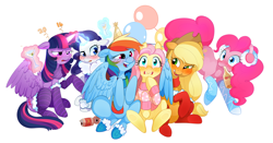 Size: 1320x690 | Tagged: safe, artist:aidapone, character:applejack, character:fluttershy, character:pinkie pie, character:rainbow dash, character:rarity, character:twilight sparkle, character:twilight sparkle (alicorn), species:alicorn, species:pony, 2016, alcohol, balloon, blushing, bottle, bottomless, cans, champagne, clothing, cocktail, drunk, drunk aj, drunk rarity, drunk twilight, drunker dash, drunkershy, drunkie pie, earmuffs, female, floppy ears, food, hard cider, hat, hug, magic, mane six, mare, new year, partial nudity, party hat, scarf, socks, striped socks, sweater, sweatershy, telekinesis, winghug