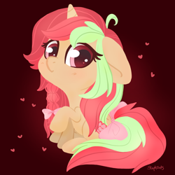 Size: 800x800 | Tagged: safe, artist:coffeecuppup, oc, oc only, oc:thimble, species:pony, bow, braid, female, hair bow, heart, mare, solo, tail bow