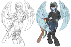 Size: 1024x678 | Tagged: safe, artist:theimmolatedpoet, character:rainbow dash, species:anthro, species:unguligrade anthro, baseball bat, colored sketch, female, sketch, solo, vampire the masquerade
