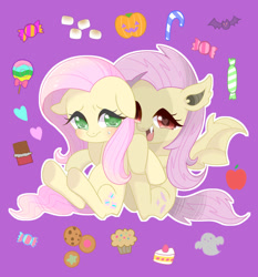 Size: 600x643 | Tagged: safe, artist:puchiko, character:flutterbat, character:fluttershy, species:bat, species:bat pony, species:pony, apple, candy, chocolate, cookie, cute, fangs, floppy ears, food, ghost, heart eyes, jack-o-lantern, lollipop, looking at you, marshmallow, muffin, open mouth, pixiv, ponidox, purple background, self ponidox, shyabetes, simple background, smiling, wingding eyes