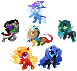 Size: 852x788 | Tagged: safe, artist:aidapone, character:discord, character:king sombra, character:nightmare moon, character:nightmare star, character:princess luna, character:queen chrysalis, character:trixie, species:pony, species:unicorn, antagonist, chibi, female, mare