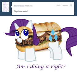 Size: 1000x1000 | Tagged: safe, artist:mister-true, character:rarity, askfillyrarity, female, filly, food, food pony, original species, philly cheesesteak, pun, sandwich, solo