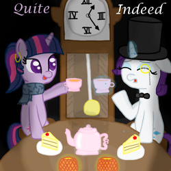 Size: 1000x1000 | Tagged: safe, artist:mister-true, character:rarity, character:twilight sparkle, askfillyrarity, bow tie, cake, classy, clock, clothing, earring, filly, food, glowing horn, grandfather clock, hat, indeed, magic, monocle, monocle and top hat, piercing, posh, quite, scarf, tea, teacup, teapot, telekinesis, top hat