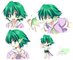 Size: 700x575 | Tagged: safe, artist:sakuranoruu, character:spike, species:human, blushing, chibi, clothing, cute, expressions, eyes closed, flexing, green fire, hoodie, humanized, male, moe, open mouth, solo, sweat, swimsuit, tailed humanization
