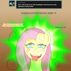 Size: 850x850 | Tagged: safe, artist:tdarkchylde, character:fluttershy, ahegao, female, fluttershy's nursery, mind control, offscreen character, open mouth, solo, tongue out