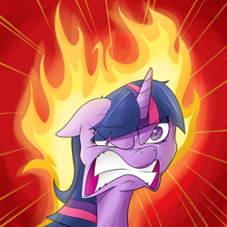 Size: 2500x2500 | Tagged: safe, artist:theimmolatedpoet, character:twilight sparkle, angry, death stare, female, fire, fire head, floppy ears, frown, glare, grimace, gritted teeth, looking at you, mane of fire, mismatched eyes, on fire, rage, rapidash twilight, solo, vein bulge