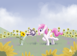 Size: 1615x1183 | Tagged: safe, artist:sagebrushpony, character:princess celestia, species:alicorn, species:pony, cewestia, female, filly, flower, looking at something, pink-mane celestia, profile, solo, sunflower, tongue out, watering, watering can, younger