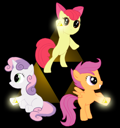 Size: 1450x1550 | Tagged: safe, artist:fantasyglow, artist:posexe, character:apple bloom, character:scootaloo, character:sweetie belle, cutie mark crusaders, the legend of zelda, triforce