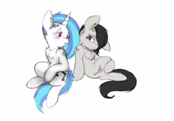 Size: 2956x2068 | Tagged: safe, artist:tilly-towell, character:dj pon-3, character:octavia melody, character:vinyl scratch, species:earth pony, species:pony, species:unicorn, ship:scratchtavia, alternate hairstyle, blushing, bow tie, chest fluff, ear piercing, earring, female, hair over one eye, haircut, lesbian, mare, piercing, shipping, simple background, tattoo, undercut, white background
