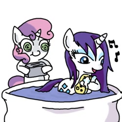 Size: 1500x1500 | Tagged: safe, artist:dustyranger, character:rarity, character:sweetie belle, abuse, bath, cute, happy cute little murder, murder, raribuse, this will end in electrocution, this will end in tears, this will end in tears and/or death, toaster