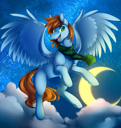 Size: 2000x2100 | Tagged: safe, artist:duskyamore, oc, oc only, oc:sorren, species:pegasus, species:pony, flying, green eyes, moon, necklace, night, solo, stars, wings