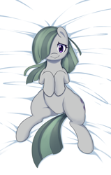 Size: 1000x1571 | Tagged: safe, artist:pinkcappachino, edit, character:marble pie, bed, featureless crotch, female, looking at you, nudity, on back, sfw edit, solo, stupid sexy marble pie