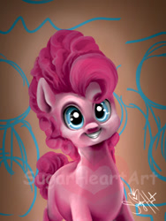 Size: 524x696 | Tagged: safe, artist:sugarheartart, character:pinkie pie, female, grin, solo, uncanny valley, watermark