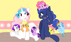 Size: 815x482 | Tagged: safe, artist:theluckyangel, character:applejack, character:fluttershy, character:pinkie pie, character:princess celestia, character:princess luna, character:rainbow dash, character:rarity, character:twilight sparkle, babysitting, cute, cutelestia, dashabetes, dawwww, daycare, diapinkes, filly, filly applejack, filly fluttershy, filly pinkie pie, filly rainbow dash, filly rarity, filly twilight sparkle, jackabetes, lunabetes, mane six, momlestia, raribetes, shyabetes, twiabetes, weapons-grade cute, young, younger