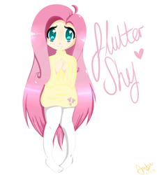 Size: 4500x5000 | Tagged: safe, artist:amberony, character:fluttershy, species:human, absurd resolution, blushing, clothing, cute, female, humanized, looking at you, name, shyabetes, simple background, socks, solo, standing, sweater, sweatershy, white background