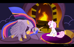 Size: 2500x1600 | Tagged: safe, artist:dotrock, artist:dotrook, character:princess celestia, character:twilight sparkle, character:twilight sparkle (alicorn), species:alicorn, species:pony, fanfic:sunset, bowing, duo, ethereal mane, fanfic art, female, filly, fire, fireplace, mare, older twilight, princess twilight 2.0, race swap, role reversal, sunset, ultimate twilight