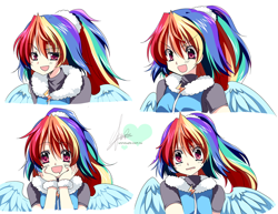 Size: 800x618 | Tagged: safe, artist:sakuranoruu, character:rainbow dash, species:human, alternate hairstyle, anime, bust, cute, dashabetes, female, humanized, moe, open mouth, ponytail, simple background, solo, white background, winged humanization