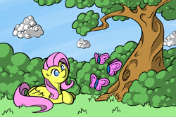 Size: 1200x800 | Tagged: dead source, safe, artist:oblivinite, character:fluttershy, species:pegasus, species:pony, butterfly, female, mare, smiling, solo, tree