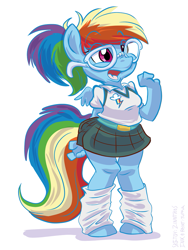 Size: 675x900 | Tagged: safe, artist:1trick, artist:zinnthos, character:rainbow dash, species:anthro, species:unguligrade anthro, adorkable, clothing, cute, dork, female, glasses, leg warmers, nerd, open mouth, rainbow dork, simple background, skirt, smiling, solo, white background