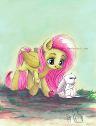 Size: 800x1047 | Tagged: safe, artist:sugarheartart, character:angel bunny, character:fluttershy, apple, food, frown, traditional art, watercolor painting, watermark