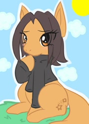 Size: 500x700 | Tagged: safe, artist:moneychan, oc, oc only, oc:cinnamon sprinkles, species:earth pony, species:pony, black shirt, blushing, brown eyes, brown hair, clothing, cloud, cloudy, cute, eye clipping through hair, female, grass, grass field, hoof under chin, mare, no mouth, outdoors, plant, scenery, shirt, sitting, sky, solo, sun