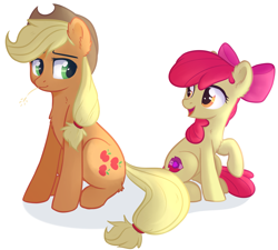 Size: 2307x2080 | Tagged: safe, artist:kaylemi, character:apple bloom, character:applejack, chest fluff, cutie mark, duo, duo female, female, open mouth, raised hoof, simple background, sisters, sitting, smiling, the cmc's cutie marks, white background