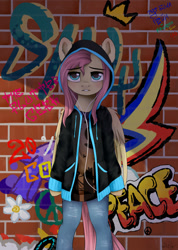 Size: 1334x1874 | Tagged: safe, artist:kaylemi, character:fluttershy, species:pony, arm hooves, bipedal, clothing, female, graffiti, hoodie, looking at you, semi-anthro, solo