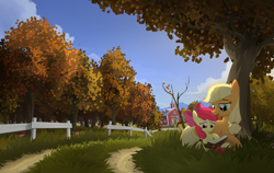 Size: 4843x3059 | Tagged: safe, artist:gign-3208, character:apple bloom, character:applejack, species:earth pony, species:pony, g4, apple bloom's bow, autumn, book, bow, duo, duo female, female, females only, fence, grass, hair bow, ponytail, reading, road, scenery, siblings, sisters, sweet apple acres, sweet apple acres barn, tree
