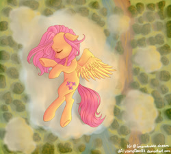 Size: 2000x1800 | Tagged: safe, artist:vampteen83, character:fluttershy, species:pegasus, species:pony, aerial view, cloud, eyes closed, female, floppy ears, high angle, lying down, on a cloud, on side, open mouth, sleeping, solo, spread wings, wings
