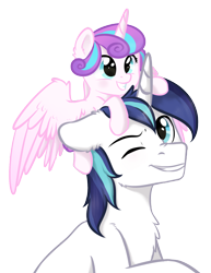 Size: 1502x1949 | Tagged: safe, artist:kaylemi, character:princess flurry heart, character:shining armor, episode:the crystalling, g4, my little pony: friendship is magic, chest fluff, cute, father and daughter, grin, pony hat, simple background, transparent background, weapons-grade cute, wink