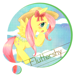 Size: 1500x1500 | Tagged: safe, artist:ino, character:fluttershy, species:pegasus, species:pony, bow, clothing, flying, hair bow, hat, pixiv, straw hat, sun hat