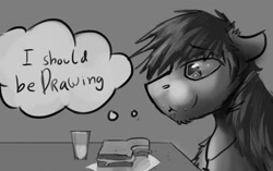 Size: 1280x802 | Tagged: safe, artist:gaypyjamas, oc, oc only, oc:duhveed, comic panel, eating, explicit source, food, i should be drawing, monochrome, necklace, sandwich, solo, text
