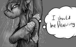Size: 1280x802 | Tagged: safe, artist:gaypyjamas, oc, oc only, oc:duhveed, comic panel, explicit source, i should be drawing, monochrome, showering, solo, text