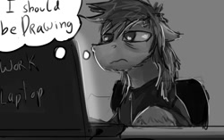 Size: 1280x802 | Tagged: safe, artist:gaypyjamas, oc, oc only, oc:duhveed, comic panel, computer, explicit source, i should be drawing, laptop computer, monochrome, solo, text, tired